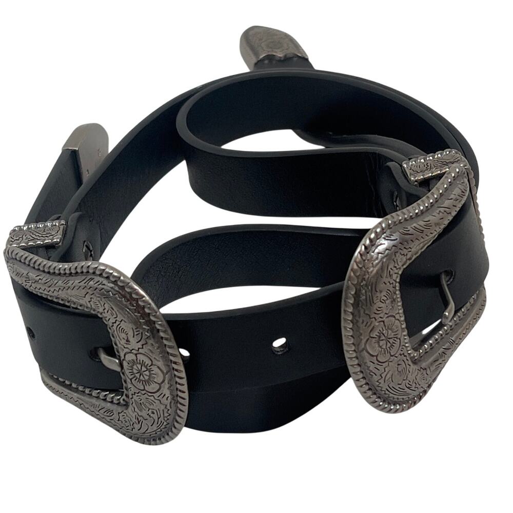Black Western Style Faux Leather Double Buckle Belt Silver Hardware Unisex 34"